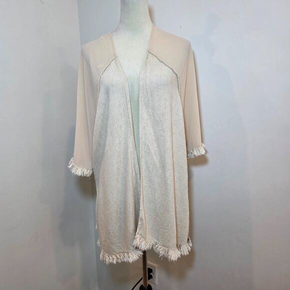Umgee Other - Umgee Beige Cotton Kimono Cardigan w/ Fringe Trim Open Front Boho Hippie Sz M/L